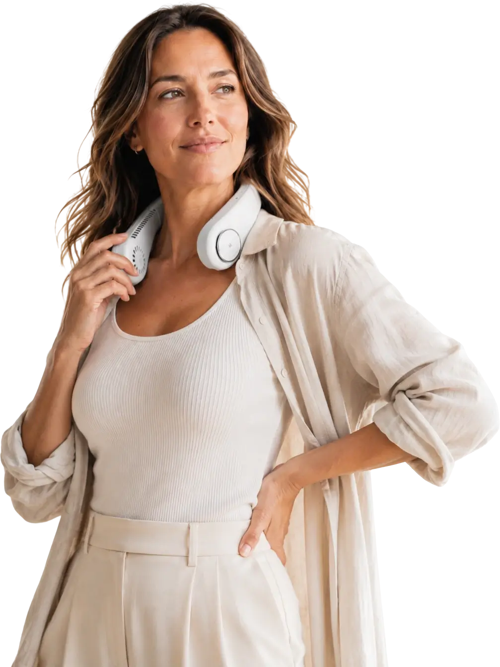 Woman wearing a cordless neck and shoulder massager